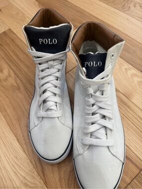 Polo by Ralph Lauren White High-Top Canvas Sneakers with Navy Tongue